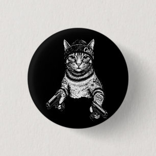 Gangster Cat Tattoo Art Cool Streetwear Kitty Button