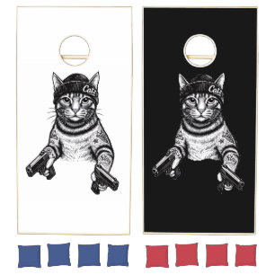 Gangster Cat Tattoo Art   Cool Streetwear Kitty Cornhole Set
