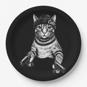 Gangster Cat Tattoo Art Cool Streetwear Kitty Paper Plates