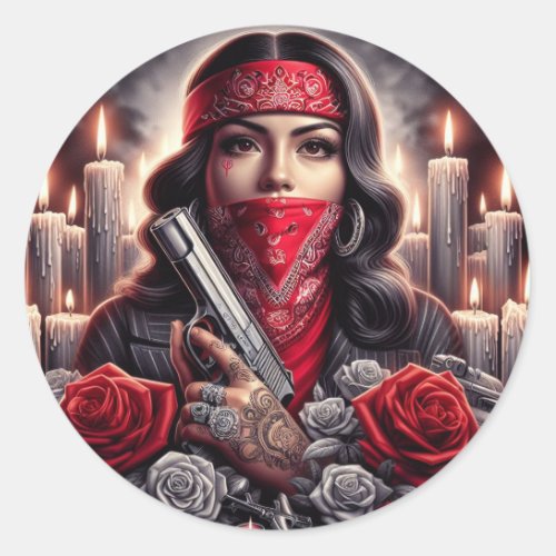 Gangster Girl Hip Hop chicano art graphic Classic Round Sticker