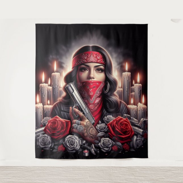 Gangster Girl Hip Hop chicano art graphic Tapestry (Front)