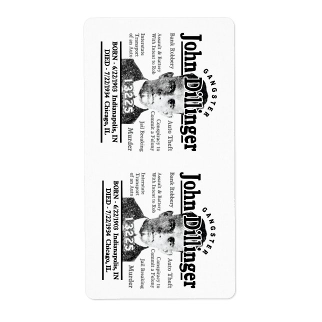 Gangster John Dillinger Label (Front)