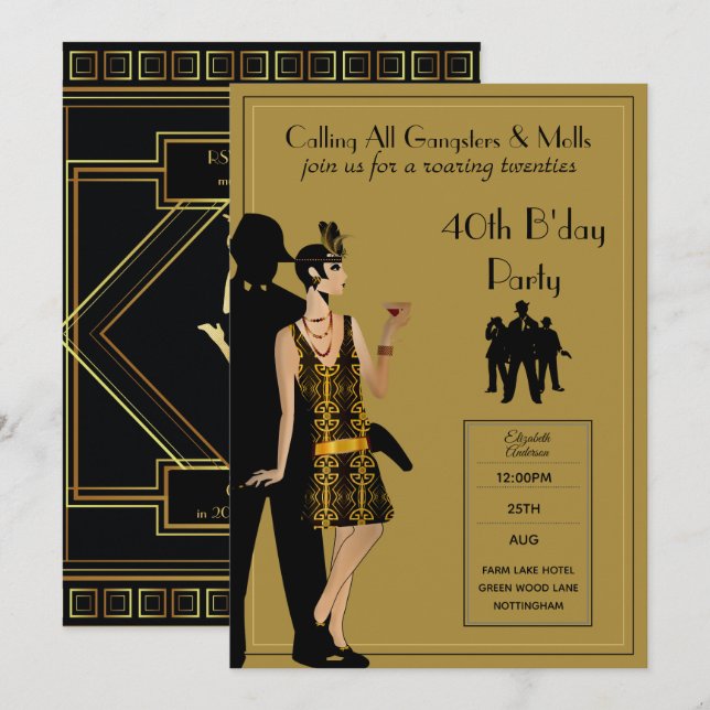 Gangster Moll 1920s Flapper BlackGold Party Invitation (Front/Back)