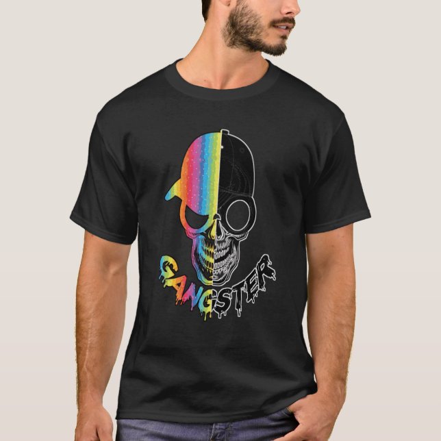 Gangster Skull Black And Half Rainbow Color T-Shirt (Front)