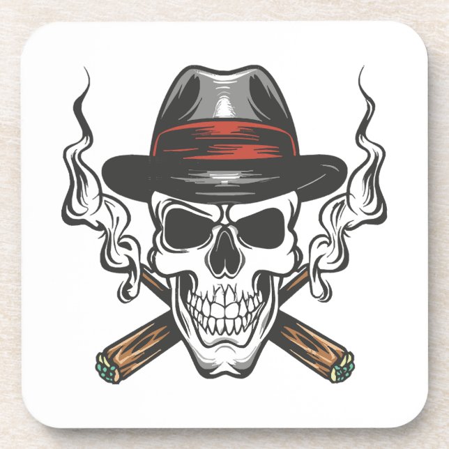 Gangster skull with fedora hat beverage coaster (Front)