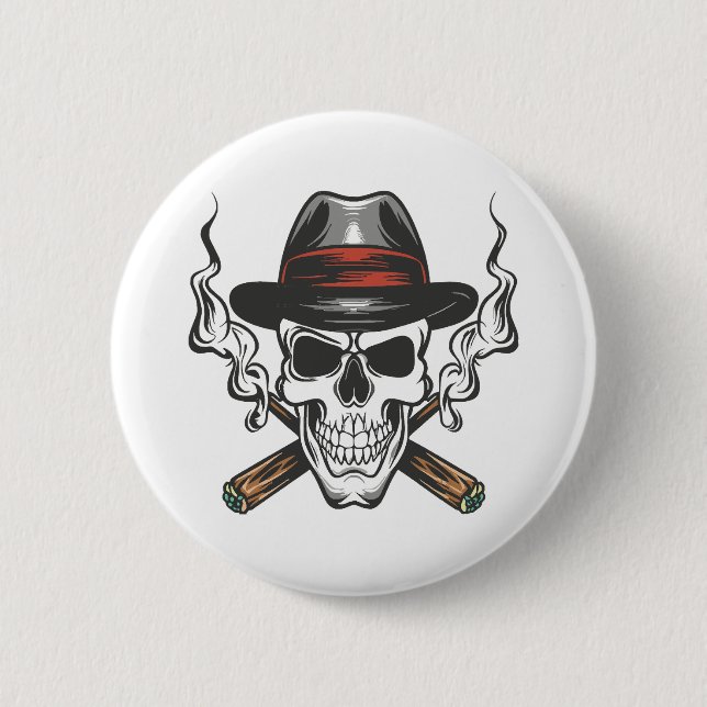 Gangster skull with fedora hat button (Front)