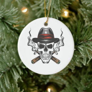Gangster skull with fedora hat ceramic ornament