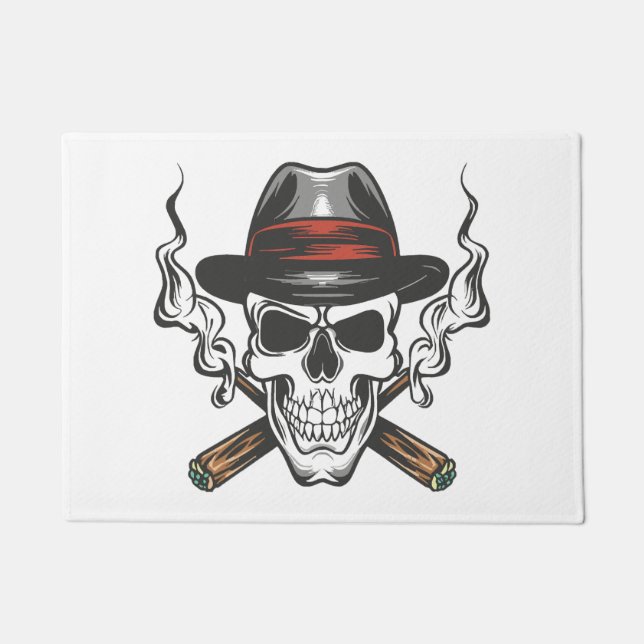Gangster skull with fedora hat doormat (Front)