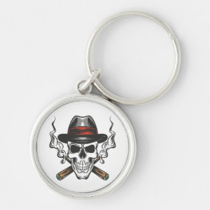 Gangster skull with fedora hat keychain