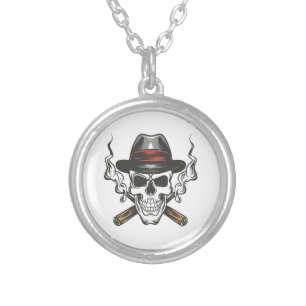 Gangster skull with fedora hat silver plated necklace