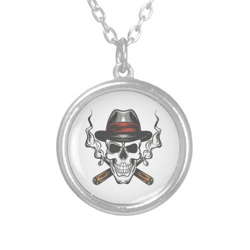 Gangster skull with fedora hat silver plated necklace