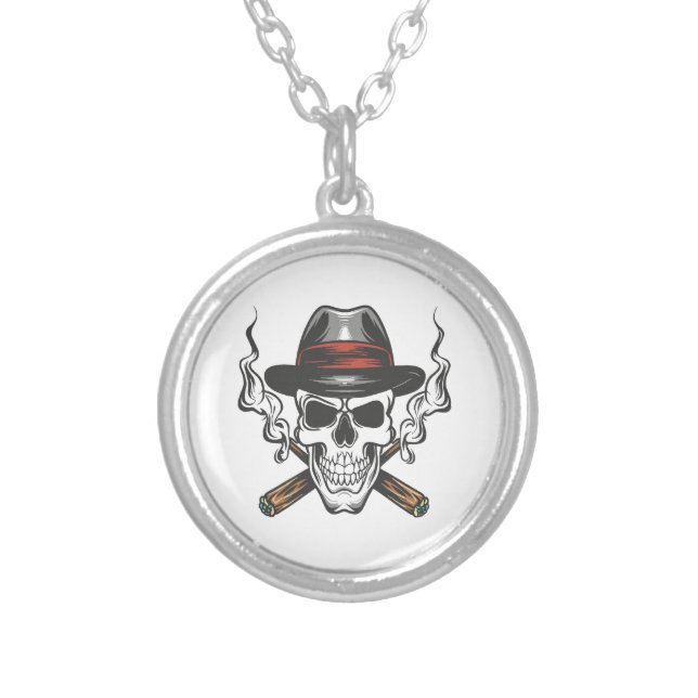 Gangster skull with fedora hat silver plated necklace (Front)