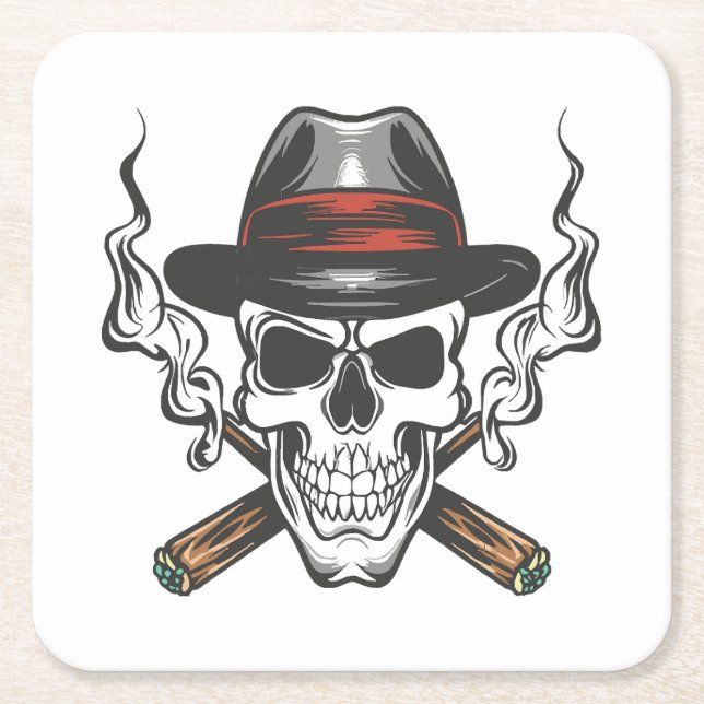 Gangster skull with fedora hat square paper coaster (Front)