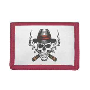 Gangster skull with fedora hat trifold wallet
