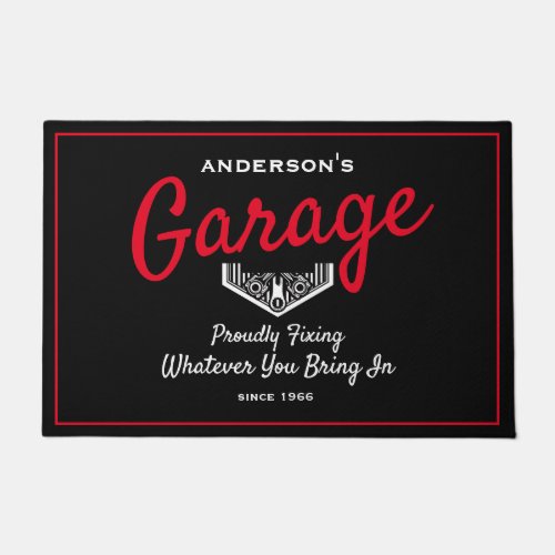 Garage Any Name Funny Saying Black Red Doormat
