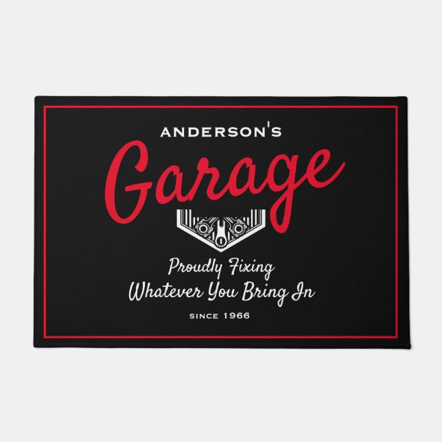 Garage Any Name Funny Saying Black Red Doormat (Front)