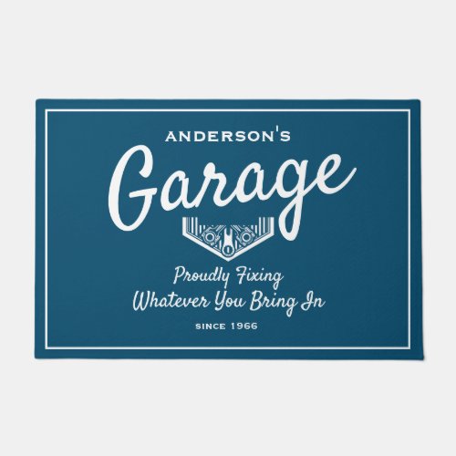 Garage Any Name Funny Saying Blue White Script Doormat