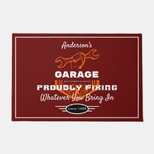 Garage Any Name Proudly Fixing Funny Saying Red Doormat