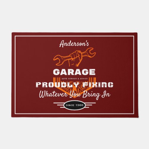 Garage Any Name Proudly Fixing Funny Saying Red Doormat