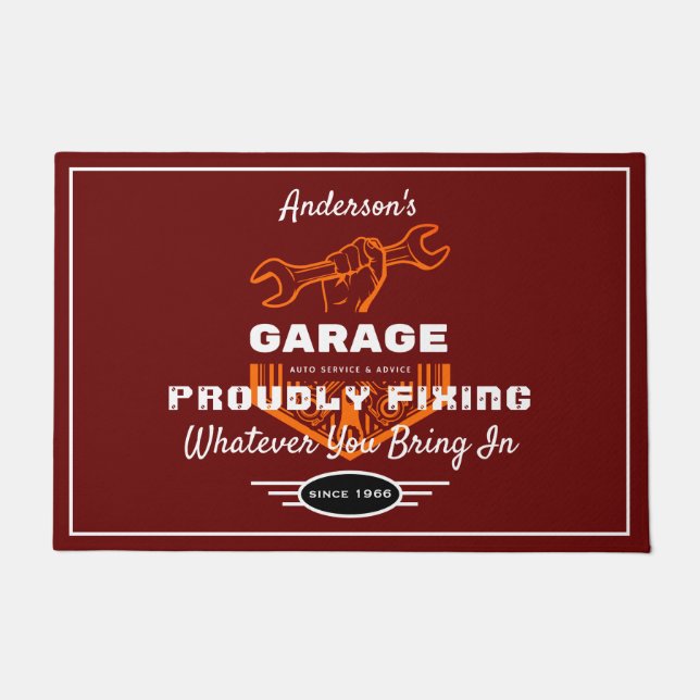 Garage Any Name Proudly Fixing Funny Saying Red Doormat (Front)