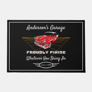 Garage Any Name Proudly Fixing Slogan Red Car Doormat