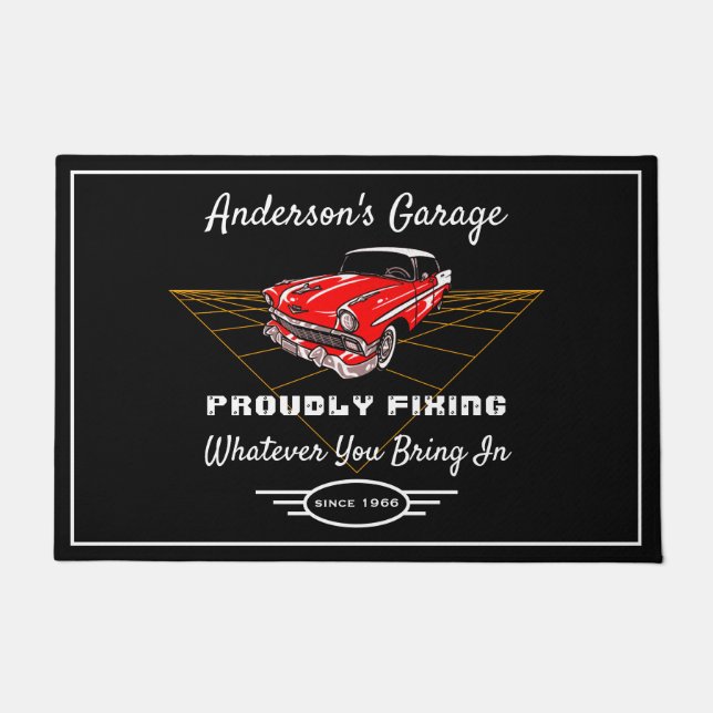 Garage Any Name Proudly Fixing Slogan Red Car Doormat (Front)