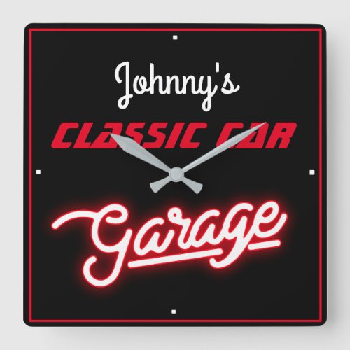 Garage Any Name Red Faux Neon Red on Black Square Wall Clock