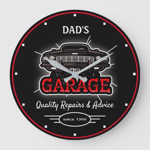 Garage Any Name Retro Car Since Date Red Black  Large Clock