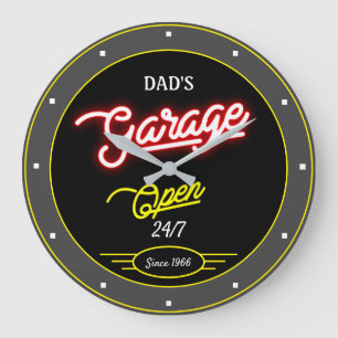 Garage Any Name Retro Since Open Grey Black  Large Clock