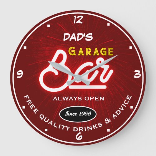Garage Bar Any Name Always Open Slogan Dark Red Large Clock