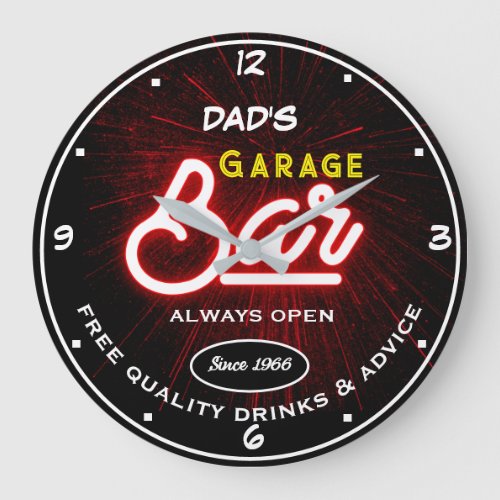 Garage Bar Any Name Always Open Slogan Red Black Large Clock