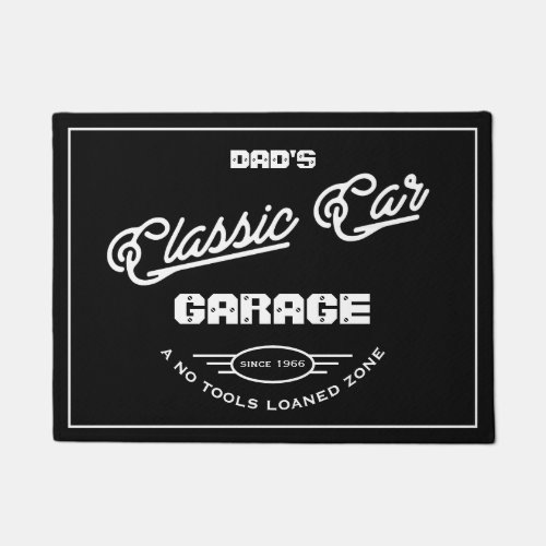 Garage Classic Car Any Name Black White Retro Doormat