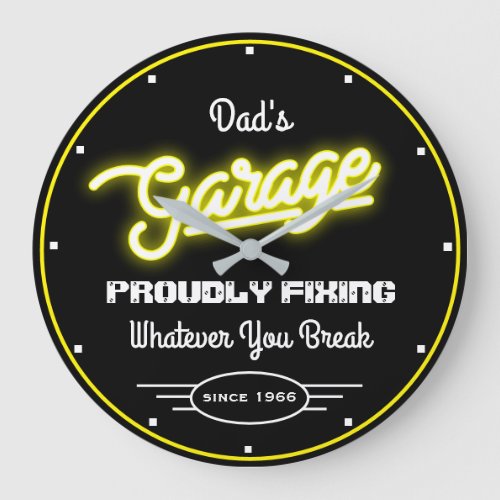 Garage Dads Any Name Fixing Yellow Black Funny Large Clock