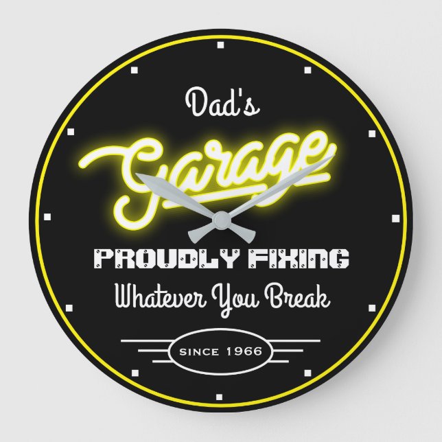 Garage Dad's Any Name Fixing Yellow Black Funny Large Clock (Front)