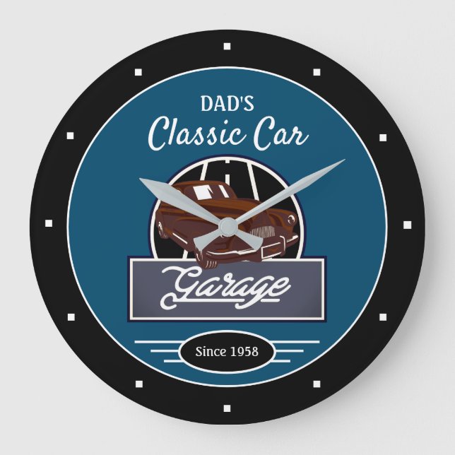 Garage Dad's or Any Name Classic Car Garage Blue  Large Clock (Front)