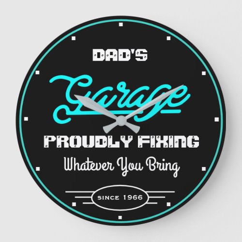 Garage Dads or Any Name Fixing Turquoise Black Large Clock