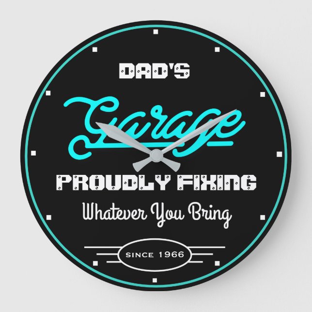 Garage Dad's or Any Name Fixing Turquoise Black Large Clock (Front)
