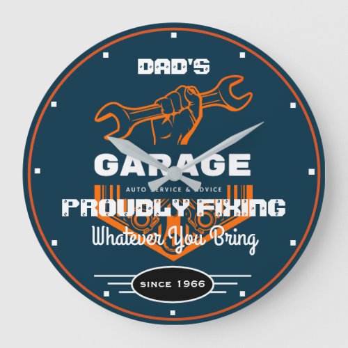 Garage Dads or Any Name Proudly Fixing Funny Blue Large Clock