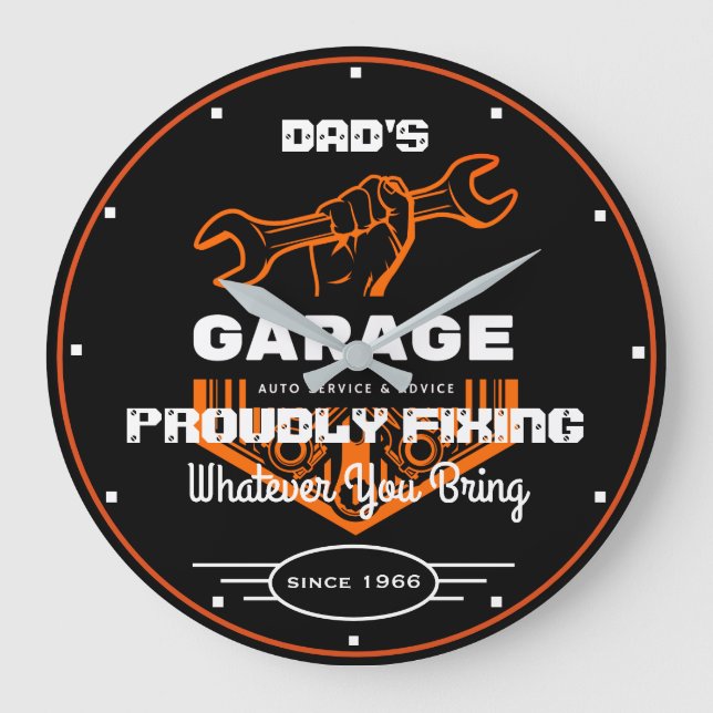 Garage Dad's or Any Name Proudly Fixing Funny  Large Clock (Front)