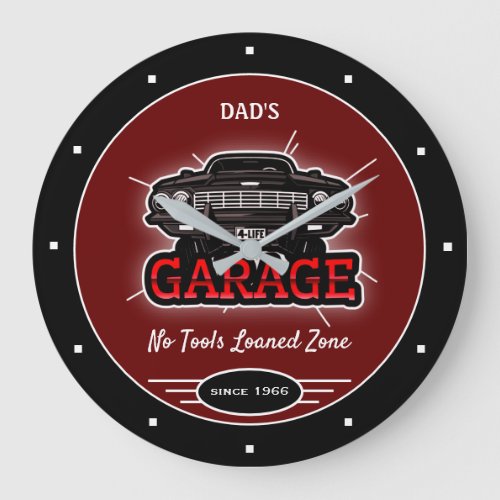 Garage Dads or Any Name Retro No Tools Red Black Large Clock