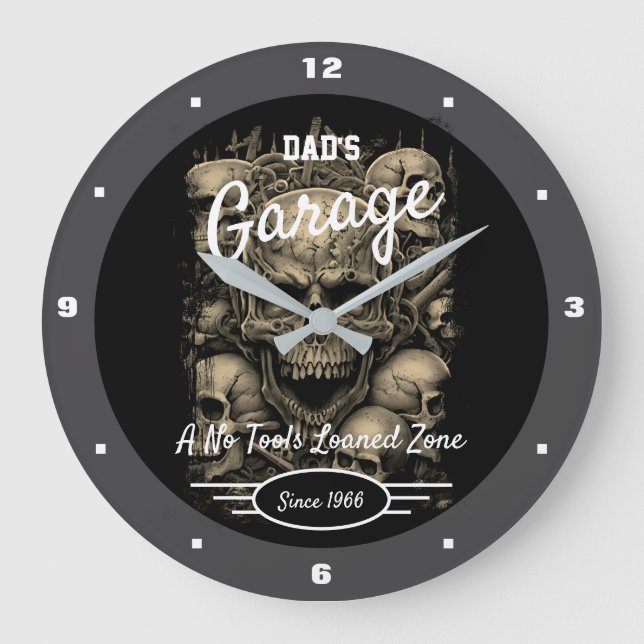 Garage Dad's or Any Name Skulls Black Gray Large Clock (Front)
