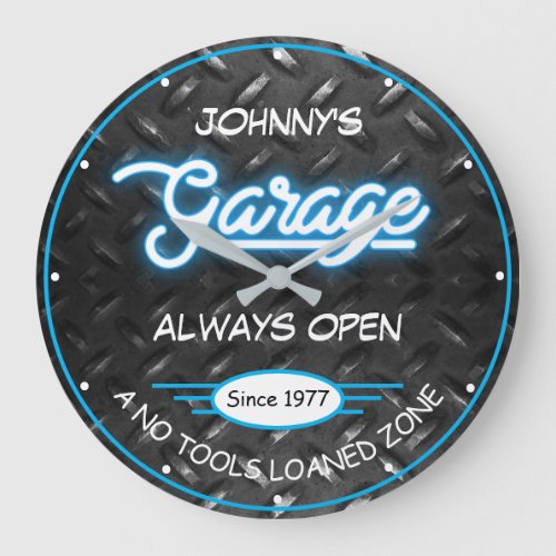 Garage for Any Name Faux Blue Neon Diamond Plate   Large Clock