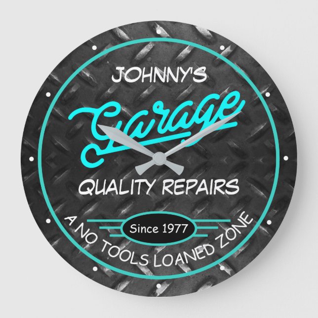 Garage for Any Name Turquoise on Diamond Plate    Large Clock (Front)