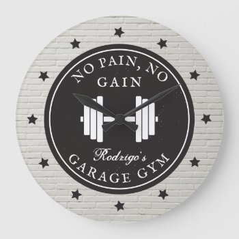 Garage Home Gym Workout Fitness Barbell Sport Name Large Clock by red_dress at Zazzle