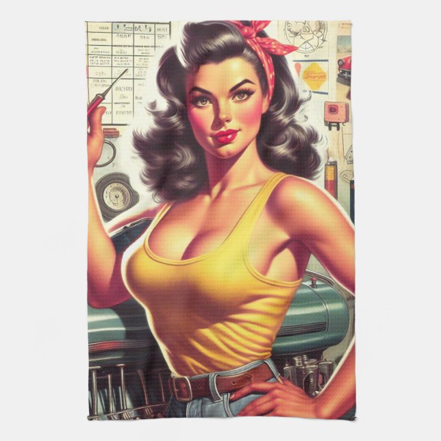 Garage Mechanic Pin-up Kitchen Towel (Vertical)