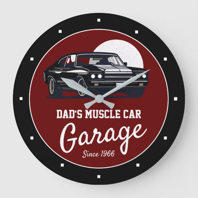 Garage Muscle Car Dad's or Any Name Red Black   Large Clock (Front)