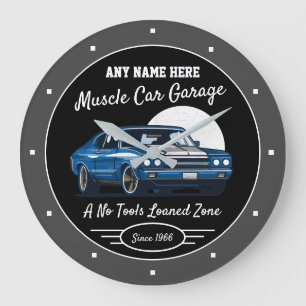 Garage Muscle Car For Any Name Blue Black Grey Large Clock