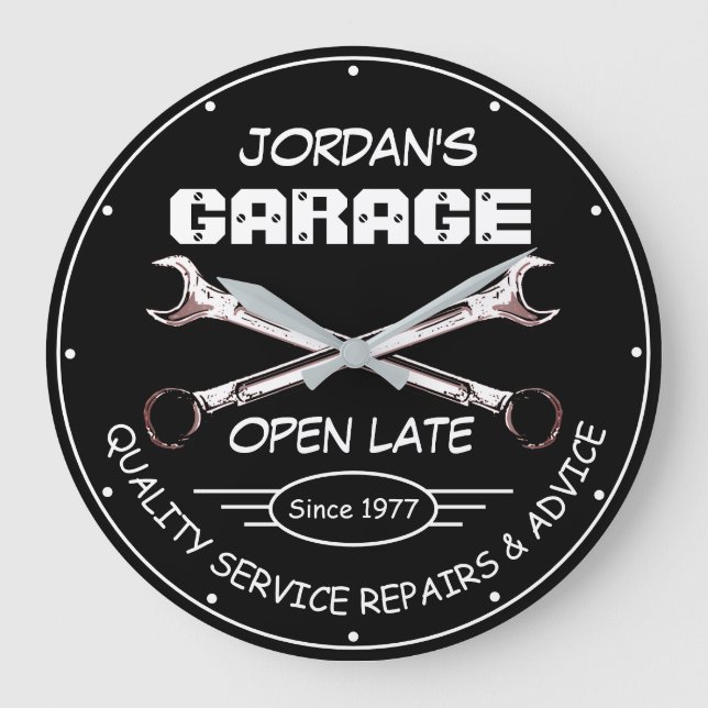 Garage Name Date Tools Wrenches Mechanics Black Large Clock (Front)