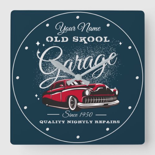 Garage Old School Any Name Low Rider Merc Car Blue Square Wall Clock
