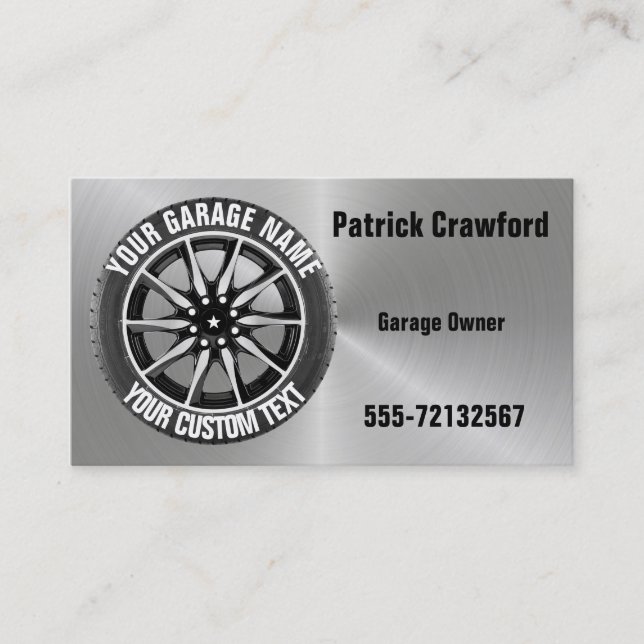 Garage Or Car Repair Owner Car Wheel On Steel Business Card (Front)
